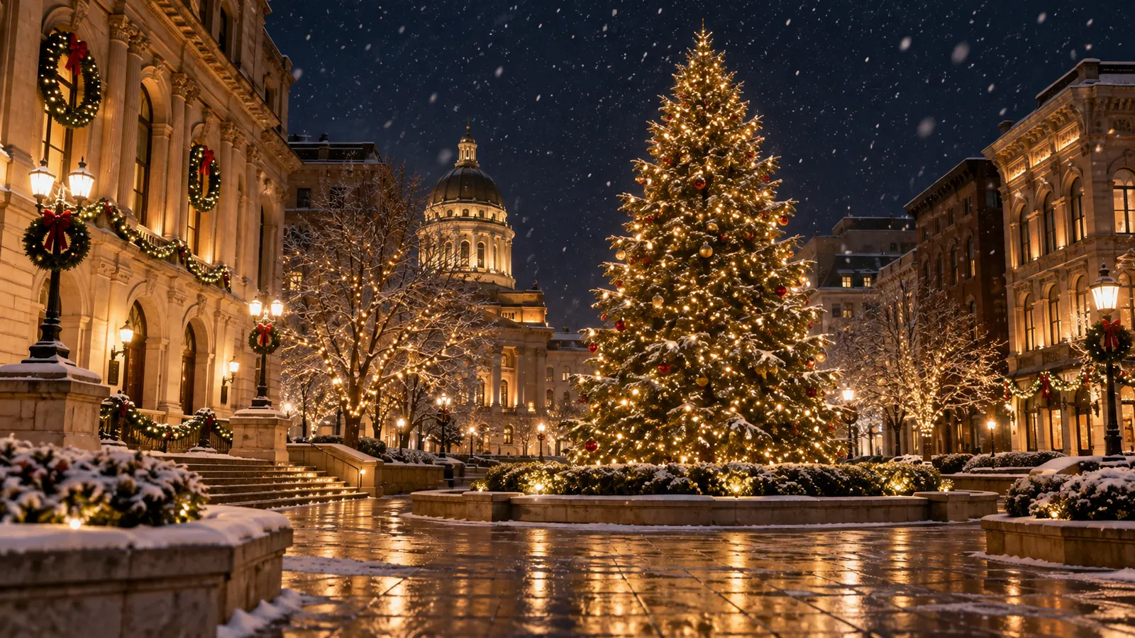 A large decorated evergreen tree with warm white lights in an empty downtown plaza at night, light snow, wreaths on old stone buildings